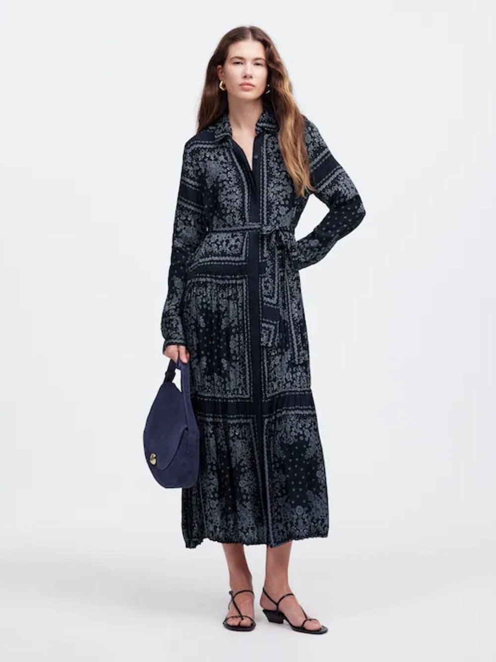 Madewell Relaxed Long Sleeve Tiered Midi Dress in Bandana